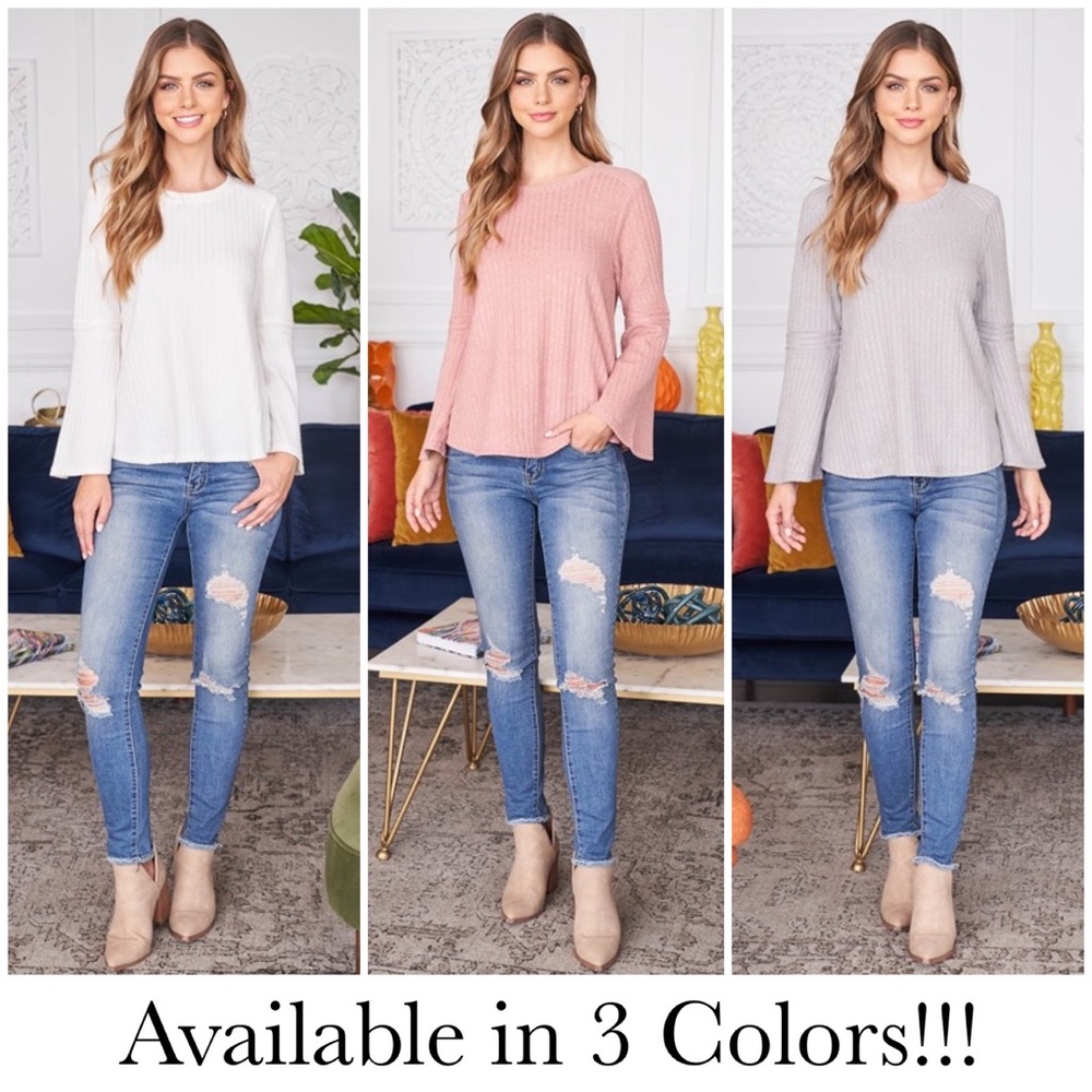 Blush Pink Three Quarter Sleeve Ribbed Tee with Flared Sleeves - Picture 7 of 16